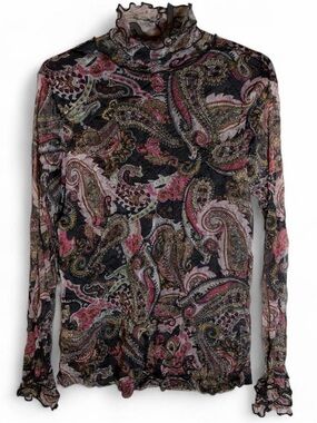 Y2K Paisley print mesh long sleeve top with ruffled collar size small